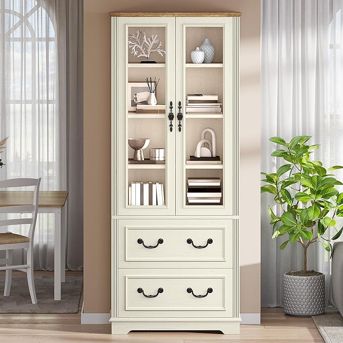 DWVO 76" Kitchen Pantry Storage Cabinet, Freestanding Display Cabinets with Glass Doors & Adjustable Shelves & Drawers, Tall Farmhouse Cupboard for Dining Room, Living Room, Bathroom, White Walnut