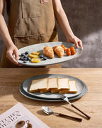 famiware Serving Platter, Oval 15.59/14.3/12.9inch Serving Dishes for Entertaining, Serving Bowls, Reactive Glaze, Stoneware Serving Trays for Party, Food, Turkey, Cheese, Ocean Series, Grey