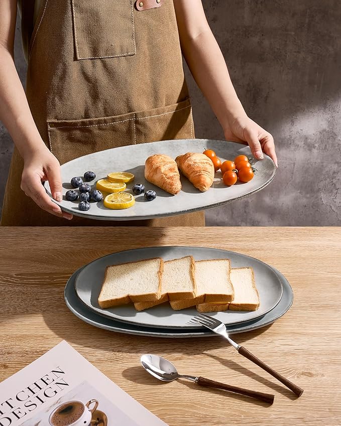 famiware Serving Platter, Oval 15.59/14.3/12.9inch Serving Dishes for Entertaining, Serving Bowls, Reactive Glaze, Stoneware Serving Trays for Party, Food, Turkey, Cheese, Ocean Series, Grey