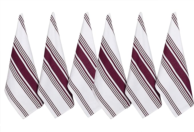 Urban Villa Kitchen Towels 100% Cotton Pack of 6, Highly Absorbent Quick Drying Super Soft Premium Dish Towels for Kitchen with Hanging Loop Hand & Tea Towels - 20x30 Inch, (Wine & White, Striped)