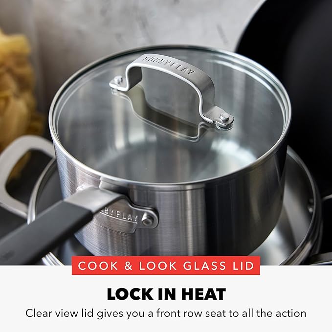 GreenPan x Bobby Flay Stainless Steel 12 Piece Cookware Pots and Pans Set and 8" Chef's Knife, Professional Grade Tri Ply, PFAS-Free Ceramic Nonstick, Induction Suitable, Dishwasher & Oven Safe