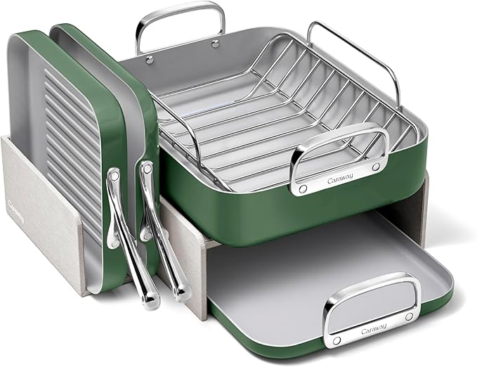 Caraway Square Cookware Set - Square Pans Set - Perfect for Griddling, Toasting, Searing, Roasting, and More - Non-Stick Ceramic Coated Pans - Non Toxic, PTFE & PFOA Free - Sage