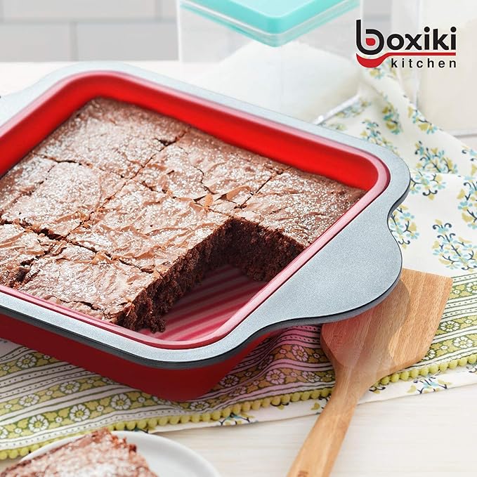 Boxiki Kitchen Non-Stick Silicone 8x8 Square Cake and Brownie Pan with Easy Grip Steel Frame Handles - Easy to Release, Oven & Dishwasher Safe