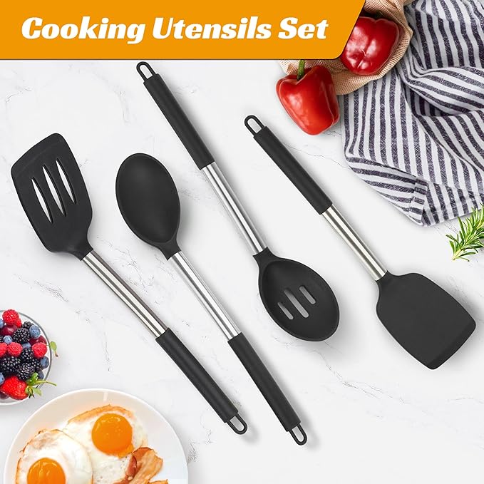 Kitchen Utensils Set of 4 Pack,Silicone Cooking Utensils Set for Nonstick Cookware,Perfect for Baking and Mixing,Spatula Set BPA Free,Dishwasher Safe,Black