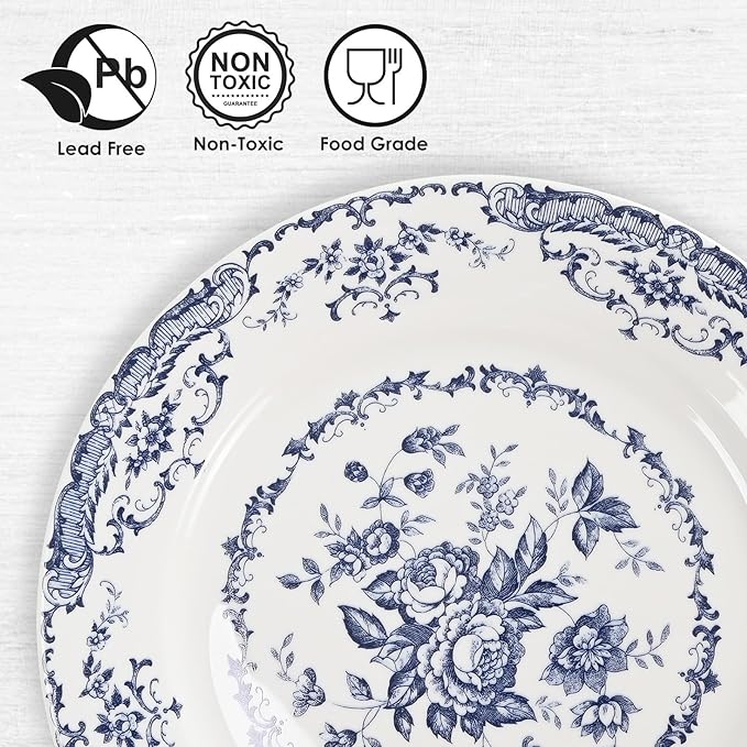 Salad Plates, Ceramic Plates Set of 6, Kitchen Plates Microwave Safe, 8.5 Inch White Plate Dessert Blue Floral