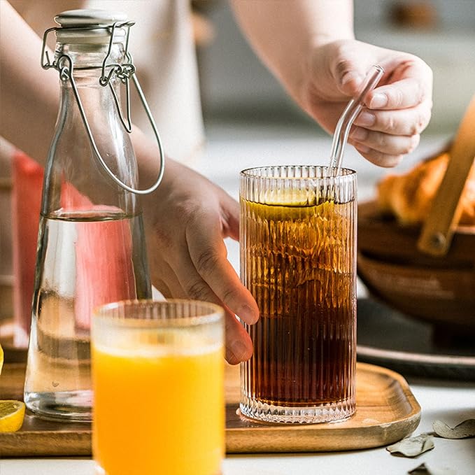 Drinking Glasses with Origami Style Set of 4 Glass Cups, 12 oz Ribbed Glassware, Highball Glass Cups, Elegant Art Deco Ripple Vintage Glassware, Juice Glasses, Ideal for Cocktail, Beer