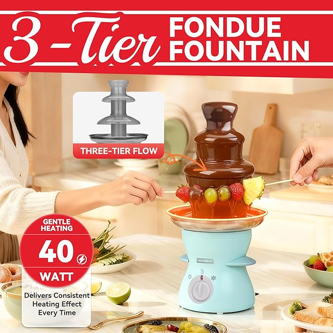 3 Tier Mini Chocolate Fountain Machine, Easy to Use & Clean, Great for Parties, Events & Weddings, 22 Oz Capacity, Aqua