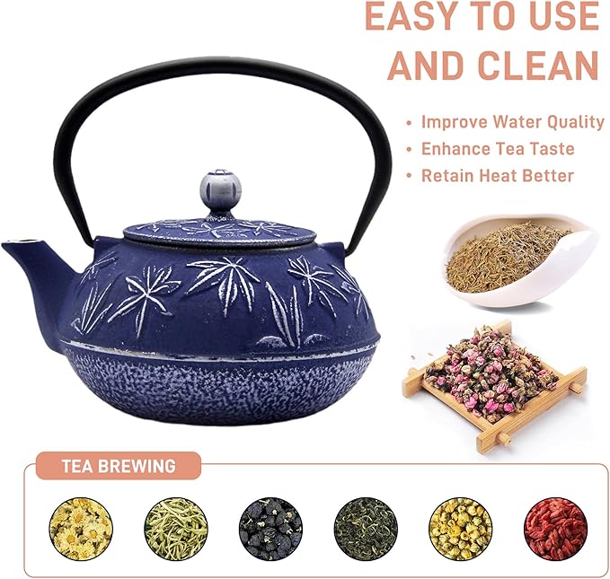 Cast Iron Teapot Tea Kettle with Stainless Steel Infuser for Stovetop Safe Coated with Enameled Interior Japanese Tetsubin with Maple Leaves Pattern(30.4oz/900ml) (Color-3)
