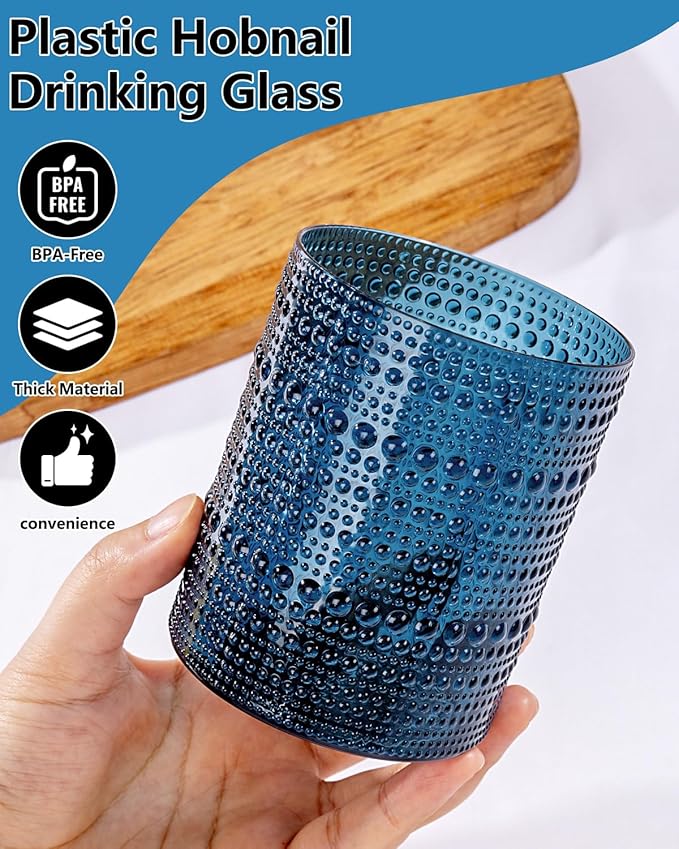 YOUBET 24PCS Plastic Drinking Glasses - 14OZ Blue Hobnail Drinkware Glasses - Vintage Glassware Textured Beaded Cups for Water, Beer, Whiskey, Juice and Various Mixed Drinks
