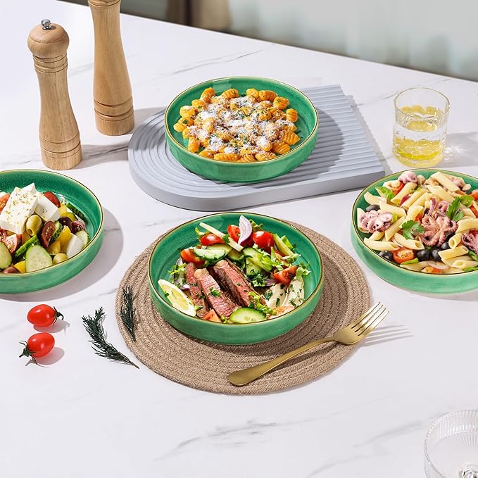E-far Pasta Bowls Set of 4, 30oz Shallow Salad Bowls for Dinner Serving, 8.25" Stoneware Ceramic Bowl Plates for Noodle Soup, Microwave & Dishwasher Safe, Reactive Glaze, Green