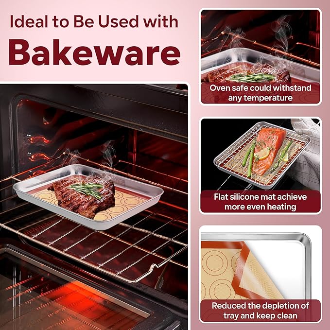 P&P CHEF 8.6 Inch Silicone Baking Mats, 2 Pcs Reusable Silicone Oven Mat, Non Stick Baking Supplies for Macaroon Pastry Bread Dough Cookie, Fits Well with Sheet Pan, Healthy & Easy Clean