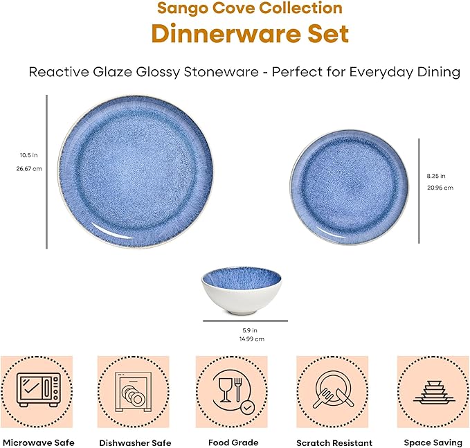 Sango Cove 12-Piece Blue Stoneware Dinnerware Set – Service for 4, Plate & Bowl Set, Blue with a White Speckled Underglaze, for Daily Dining & Entertainment, Microwave & Dishwasher Safe