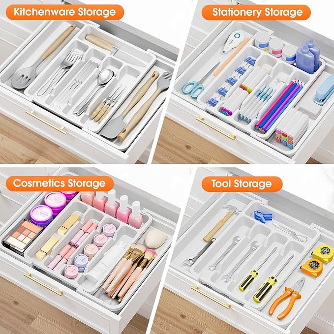 Silverware Organizer，Adjustable & Expandable Utensil Drawer Organizer, BPA Free Utensil Holder, Cutlery Tray for Forks, Spoons, Knives in Kitchen, Medium, White