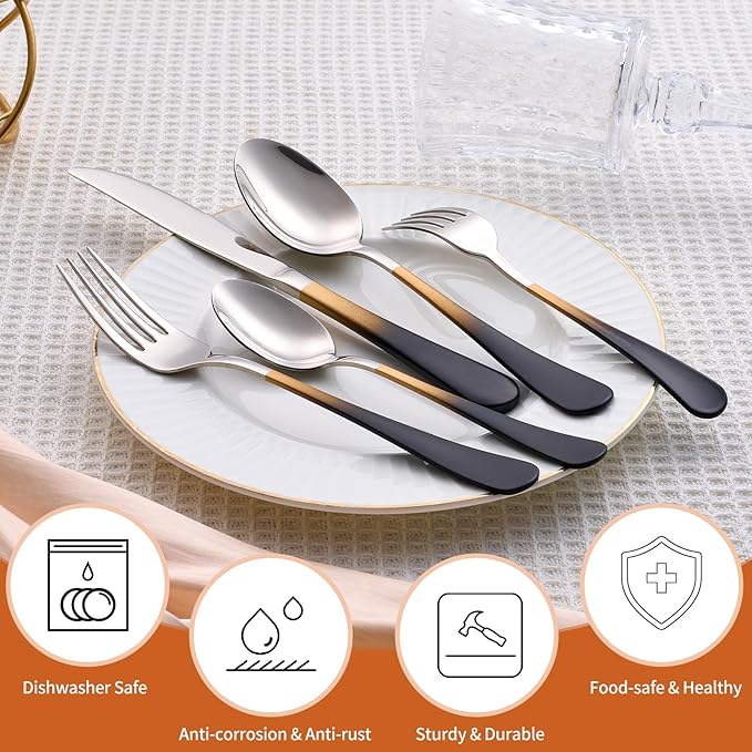 20 Piece Black Gold and Silver 18/0 Flatware Utensil Set for 4, Include Dinner Knife,Dinner Forks,Dinner Spoons,Salad Forks,Teaspoons,Silverware Set for 4, Dishwasher Safe