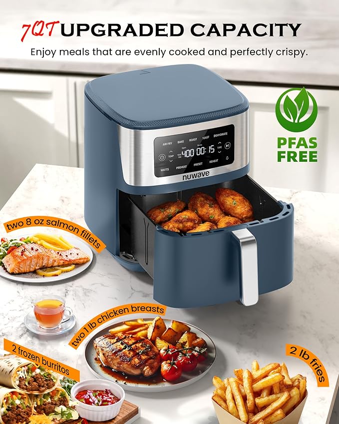Nuwave Brio Plus 6-in-1 Air Fryer, 7-Qt Large Capacity, 50°F–400°F Precise Temp Control, Non-Toxic PFAS-Free Nonstick, Air Fry, Bake, Roast, Toast, Dehydrate, Reheat, 100 Presets, Dishwasher Safe