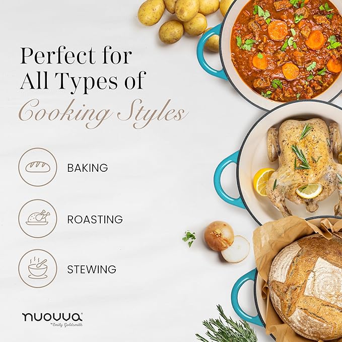 Nuovva Enamelled Cast Iron Dutch Oven Pot with Lid 6.4 Quart Non Stick Casserole Pot – Heavy Duty & Oven Safe up to 500° F for Bread Baking, Braising, Stews, Roasting – 28cm Light Blue