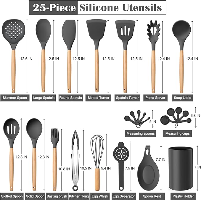 E-far Gray Cooking Utensils Set with Holder, 25-Piece Silicone Kitchen Utensil Set with Wooden Handle for Nonstick Cookware, 446°F Heat Resistant Kitchen Tool Spatula Tongs Whisk, Non-toxic & Healthy