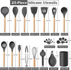 E-far Gray Cooking Utensils Set with Holder, 25-Piece Silicone Kitchen Utensil Set with Wooden Handle for Nonstick Cookware, 446°F Heat Resistant Kitchen Tool Spatula Tongs Whisk, Non-toxic & Healthy