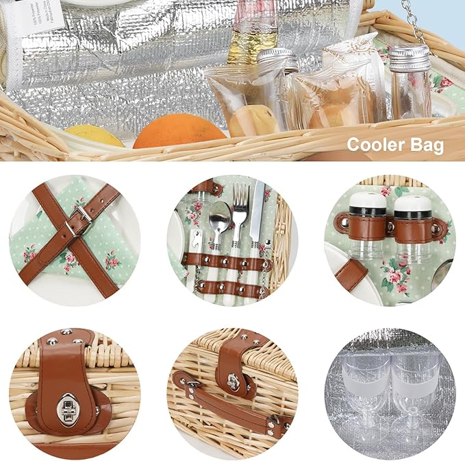 ZORMY Wicker Picnic Basket for 2 Person, Willow Hamper Basket Sets with Insulated Compartment, Handmade 2 Person Picnic Basket for Camping - Flower