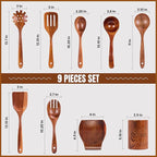 Wooden Spoons for Cooking Utensils, Natural Teak Wooden Cooking Spoons with Nonstick Spatula Set, Bamboo Kitchen Utensils With Holder, Wood Spoon Set for Kitchen Essentials (9)