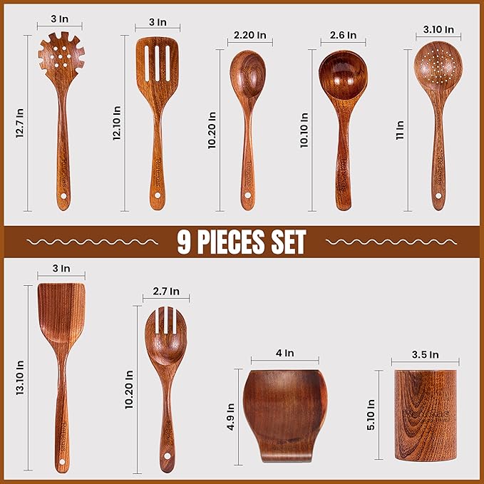 Wooden Spoons for Cooking Utensils, Natural Teak Wooden Cooking Spoons with Nonstick Spatula Set, Bamboo Kitchen Utensils With Holder, Wood Spoon Set for Kitchen Essentials (9)