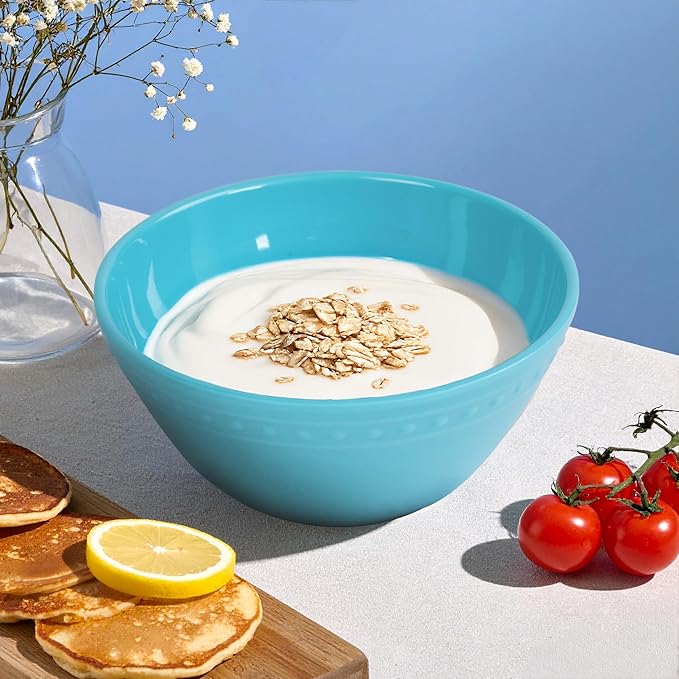Melamine Beaded Cereal Bowls Set Aqua, 6 inch, 24oz All purpose/Soup/Salad Bowls Set of 6, Unbreakable Durable, Dishwasher Safe, BPA Free - Perfect for Soups, Salads, Cereal & Entertaining