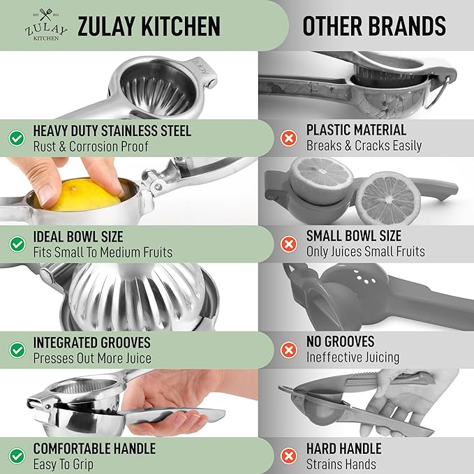 Zulay Extra Large Lemon Squeezer Stainless Steel - Easy Squeeze Heavy Duty Lemon Juicer Hand Press - Ergonomic Citrus Squeezer & Fruit Juicer for Small Oranges, Lemons, & Limes