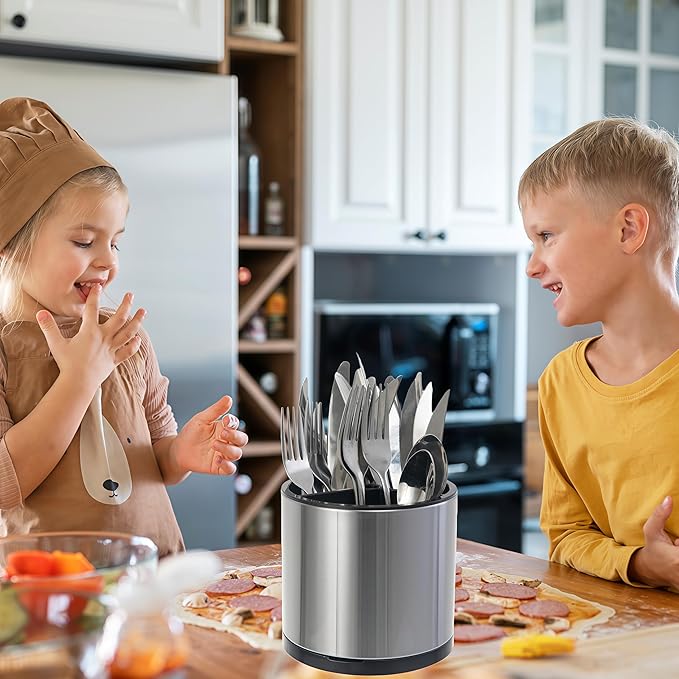 Kitchen Utensil Holder Silverware Organizer 360°Rotating For Counter Organizer Stainless Steel Storage Silverware Caddy 3 Compartment Flatware Spoon Spatula Tool Cutlery Container（Silvery）