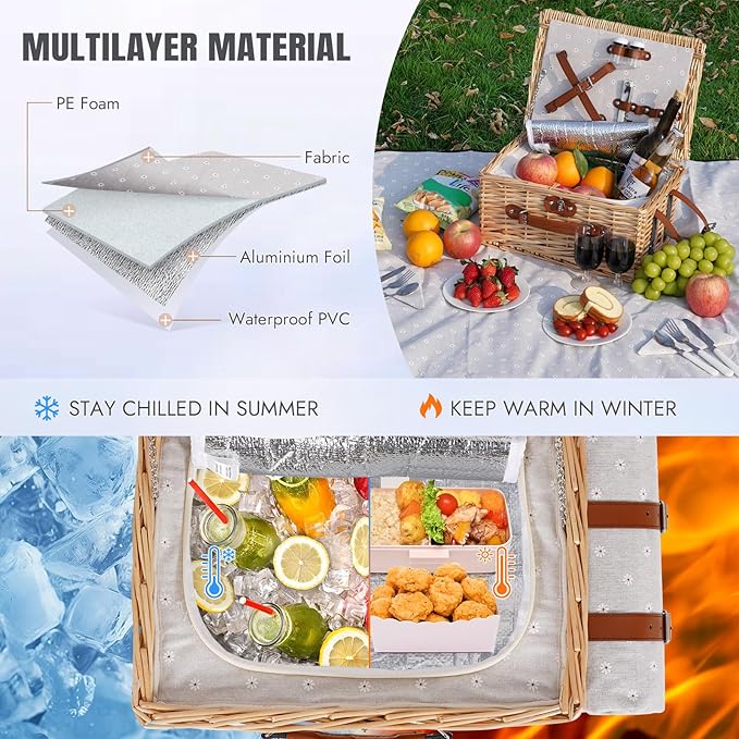 HappyPicnic Picnic Basket Set for 2 - Wicker Picnic Basket with Waterproof Blanket & Insulated Liner, Large Handmade Willow Hamper with Cutlery Kit for Outdoor, Picnic, Camping, Holidays (Flower)