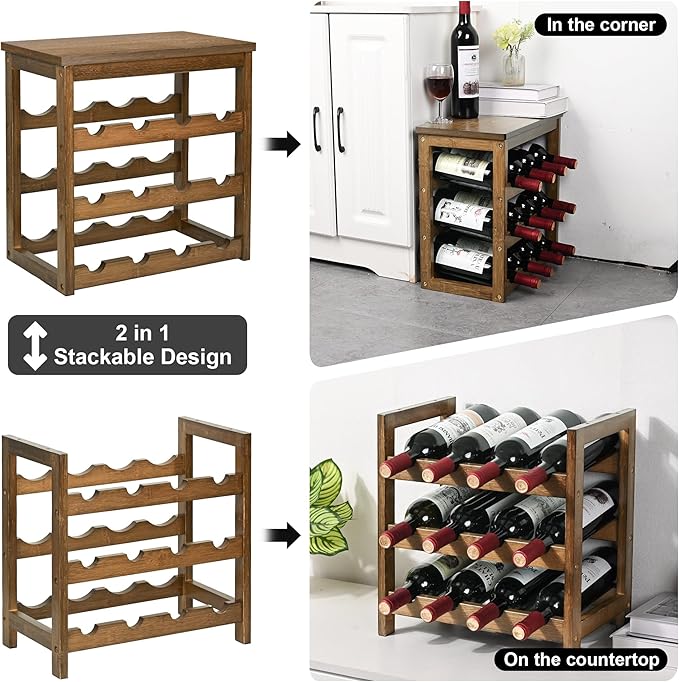 VASMIA Wine Rack Freestanding Floor, 6-Tier Display Wine Storage Shelves with Table Top, 24-Botttle Bamboo Wine Rack Shelf for Kitchen Bar Dining Room Living Room, Walnut