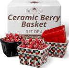Ceramic Berry Basket -Checkered black and White with red Cherries pattern-Colander -Modern Kitchen Decor Fruit Bowls - Checkerboard Fruit Baskets, Farmer's Market Harvest Bowls Set of 4