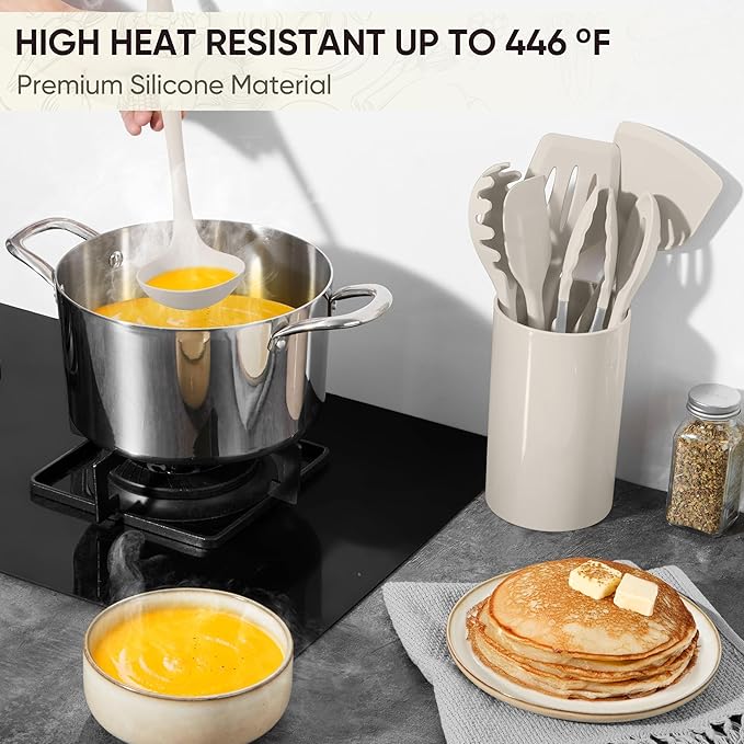 Herogo Silicone Cooking Utensils Set, 7-Piece Kitchen Utensils Set, Heat Resistant Cooking Gadget Tools Slotted Turner, Spoon, Soup Ladle, Pasta Server, Spatula, Tongs for Nonstick Cookware, Khaki