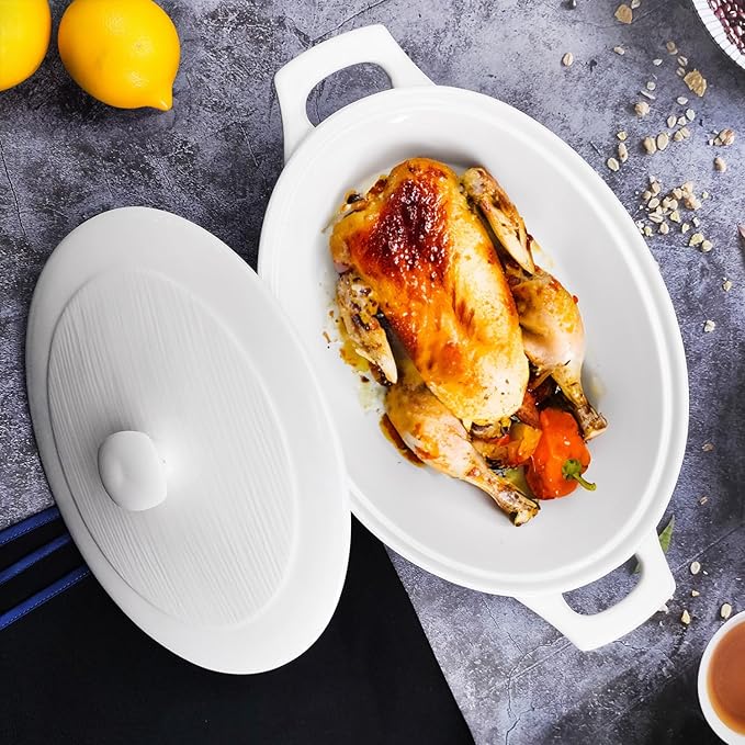 9" x 6.5" Oval Casserole Dish with Lids,1.9 Quart French White Ceramic Serving Soup Tureens, Baking Dish with Handle 12.1 IN, for Casseroles, Lasagna Cookware Set, Microwave, Oven Safe