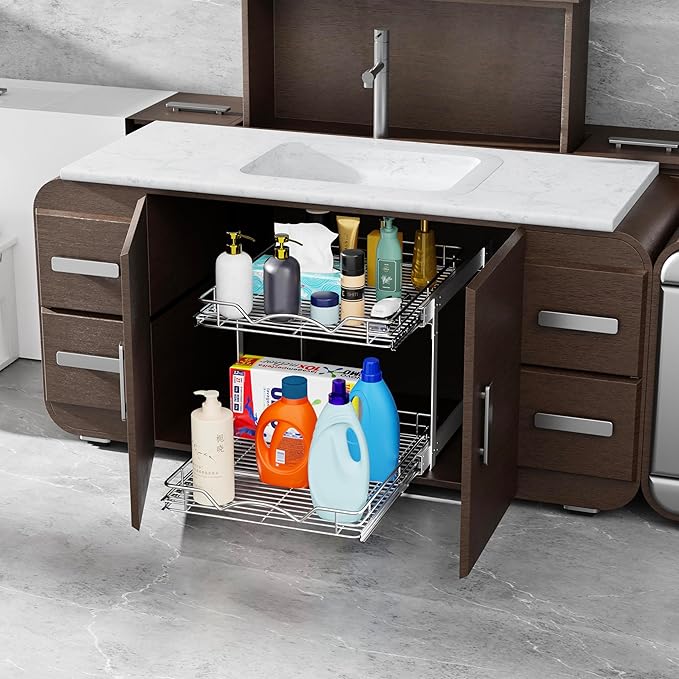 HOLDN’ STORAGE Two Tier Pull Out Cabinet Organizer, Individual Sliding Drawers - Heavy Duty Metal with Lifetime Limited Warranty - Anti Rust Chrome Finish - 22.5" W x 21”D x 16.5" H