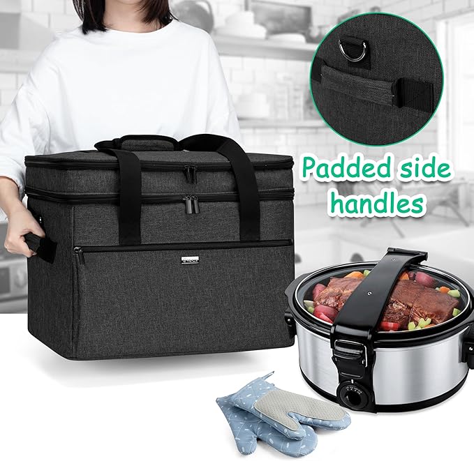Yarwo Slow Cooker Bag Compatible with Crock-Pot/Hamilton Beach 8-10 Quart, Double Layers Slow Cooker Travel Carrier Case for Kitchen Appliance and Accessories, Black (Bag Only)