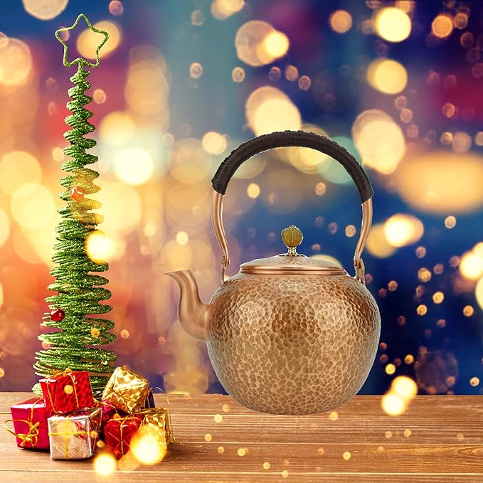 Funmaker Handmade Solid Copper Tea Pot Kettle Stovetop Teapot Thick Hammered Copper Tea Pot Kettle Stovetop Teapot Made for gasstove tops pure copper kettle (Type 5-1400ml)