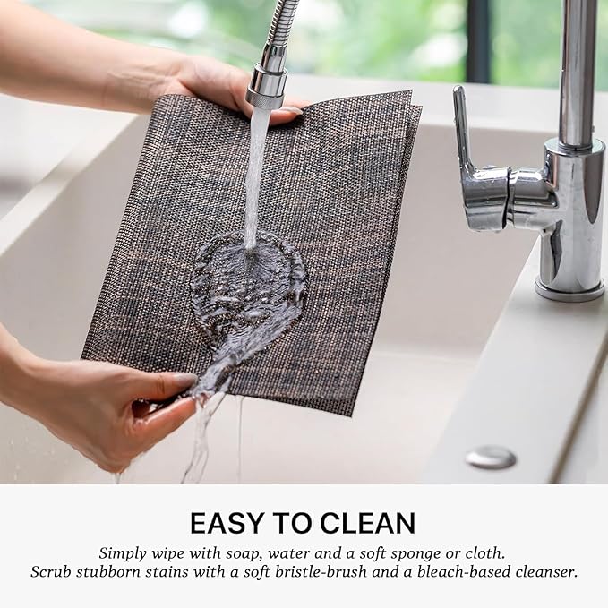 LEXMORE PVC Woven Placemats 6 PCS Wipeable Indoor/Outdoor Table Mats Washable Vinyl Place Mats for Dining Table, Set of 6-Black/Brown