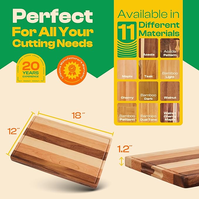 Riveira Walnut/Cherry/Maple Wood Cutting Board – Gourmet Grandeur: 18 x 12 Wooden Cutting Board – Natural Wooden Cutting Boards For Kitchen Decorative – Innovative Juice Grooves Wooden Chopping Board