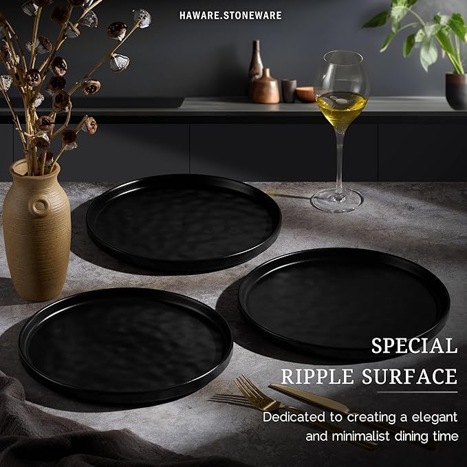 HaWare Stoneware Dinner Plates Set of 6, 10" Heavy Duty Ceramic Plate, Reactive Glaze Ripple Dinnerware for Home Restaurant, Chip and Scratch Resistant, Microwave and Dishwasher Safe, Matte Black