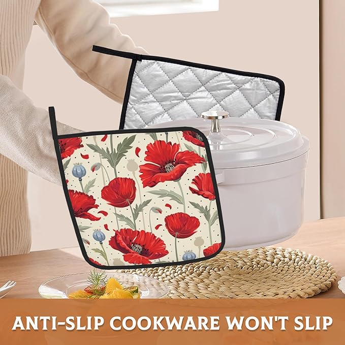 Red Poppy Flowers Pot Holders Set of 2 Heat Resistant Potholders,Fire Oven Hot Pads for Kitchen Cooking Baking Barbecue