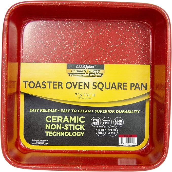 casaWare 7-Inch Toaster Oven Ultimate Series Commercial Weight Ceramic Non-Stick Coating Square Pan (Red Granite)