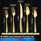 Lemeya 20-Piece Hammered Gold Silverware Set for 4 with Serrated Forging Knives,18/10 Stainless Steel Modern Flatware Set,Unique Cutlery Set Spoons and Forks Set,Mirror Polished,Dishwasher Safe