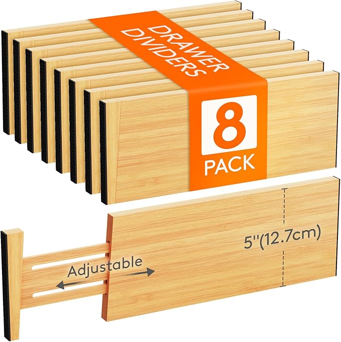 Lifewit 8 Pack Drawer Dividers Bamboo 5" High, 12-17" Adjustable Clothes Drawer Organizers, Expandable Dresser Separators in Bedroom/Bathroom/Kitchen/Office Organization and Storage