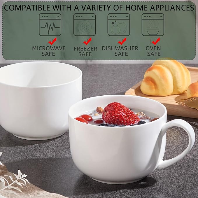Chulan Large 25 oz Lightweight Fine Bone China Mugs, White Ceramic Soup Mugs,Over 45% Bone Content for Porcelain Soup, Latte, Milk, Coffee, Microwave Safe,Set of 4 Easy to Clean Moonlight Series