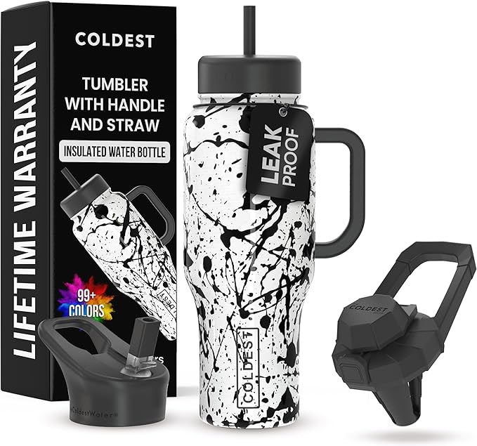 Coldest Tumbler with Handle and Straw - 100% Leak Proof Insulated Tumbler with Lid and Straw (3 Lids) - Stainless Steel Tumblers for Women & Men - Cup Holder Friendly Base, 36 oz (Dark Matter)