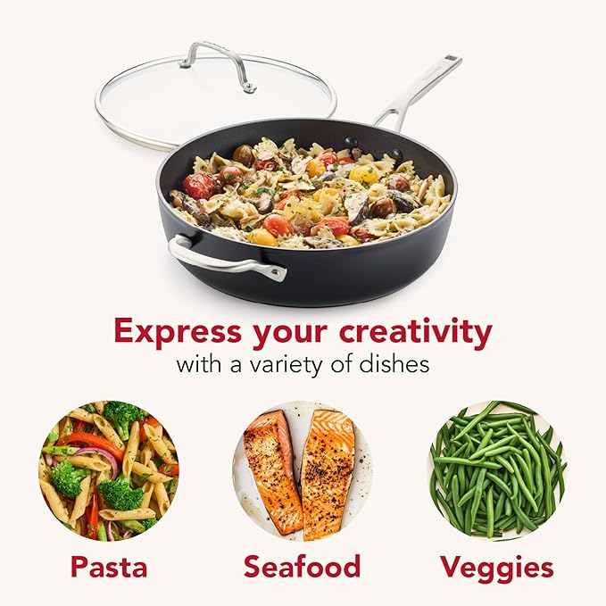 KitchenAid Hard Anodized Induction Nonstick Cookware Saute Pan/Jumbo Cooker with Lid and Helper Handle, Dishwasher Safe, 5 Quart Non Stick Sauteuse with Stainless Steel Handles - Matte Black