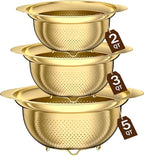Stainless Steel Strainers for Kitchen, Stainless Steel Colander, Kitchen Strainer for Pasta Fruits Vegetables, 3 Pack Strainers and Colanders(2QT, 3QT, 5QT), Rust-Proof & Dishwasher Safe, Gold