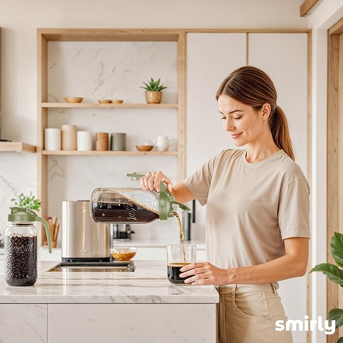 SMIRLY 64 oz Mason Jar Pitcher,Glass Pitcher with Wide Mouth,Water Jug with Double Leak Proof Lid for Iced Coffee,Hot Water,Breast Milk