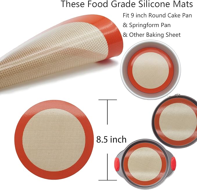 Silicone Baking Mats, 2 PCS Round Silicone Mats for 9 Inch Cake Pan, Non-Stick Reusable Cookie Sheet Liners for Baking Pans for Cake/Bread/Pizza/Macaron/Pastry/Cookie/Bun/Pie