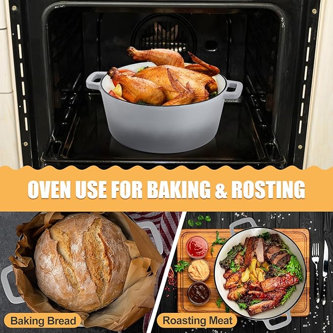 P&P CHEF 5Qt Dutch Oven Pot for Bread Baking (Gray), 2 In 1 Round Cast Iron Dutch Oven with Lid Set, Skillet & Pot for Roasting Braising Stewing Frying Simmering, Multi Stoves & Oven Safe